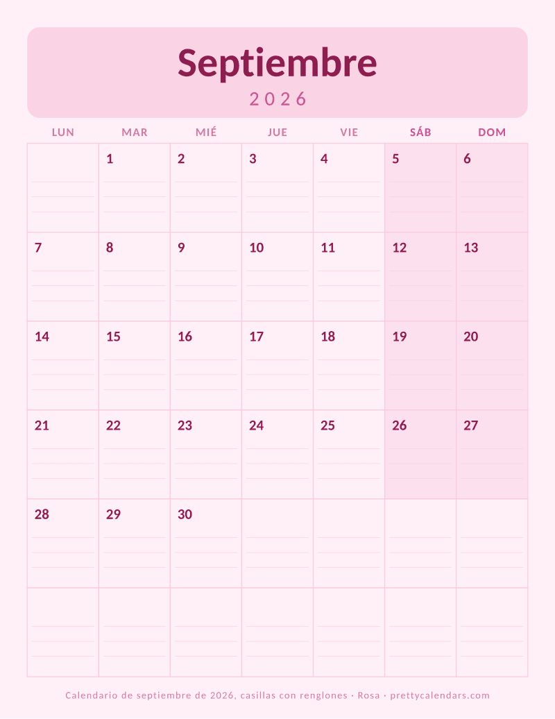 Calendario mensual para imprimir con renglones dentro de cada casilla, estilo Rosa