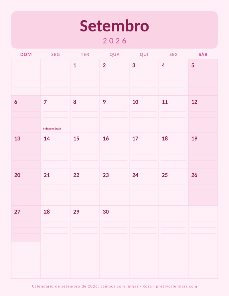 Calendário mensal para imprimir com linhas para escrever, estilo Rosa