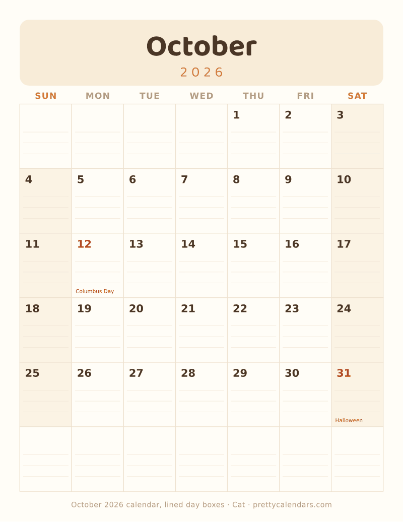 Printable monthly calendar with ruled writing lines inside every day box, Cat style