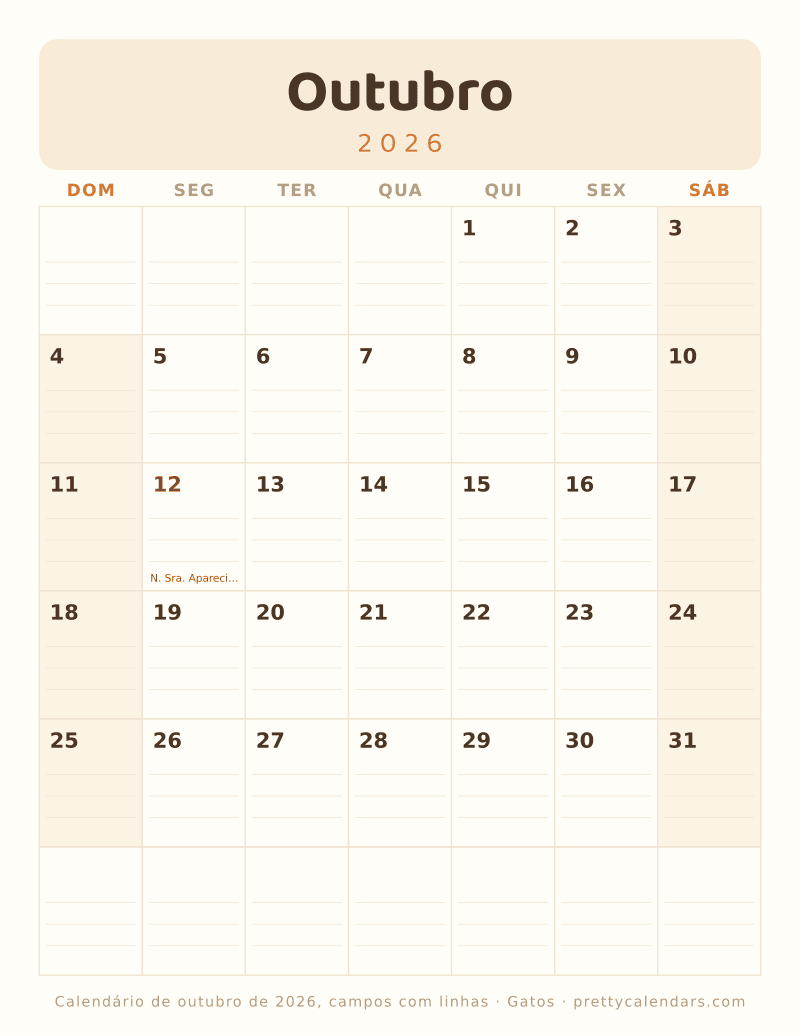 Calendário mensal para imprimir com linhas para escrever, estilo Gatos