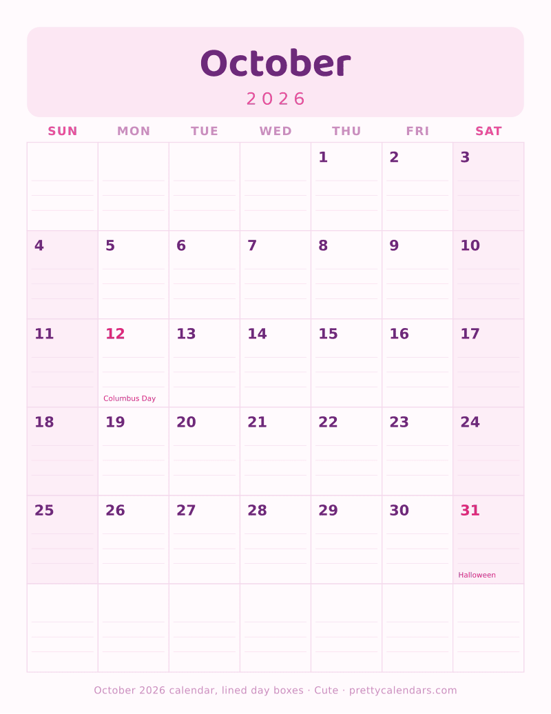 Printable monthly calendar with ruled writing lines inside every day box, Cute style