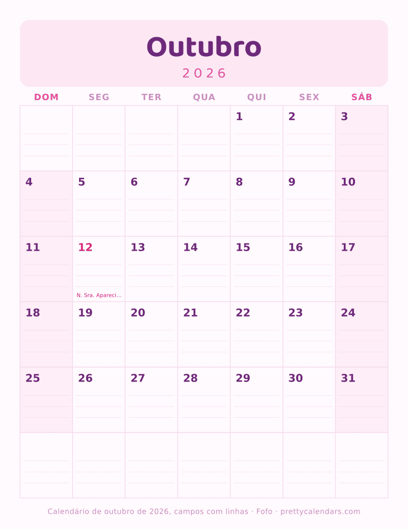 Calendário mensal para imprimir com linhas para escrever, estilo Fofo