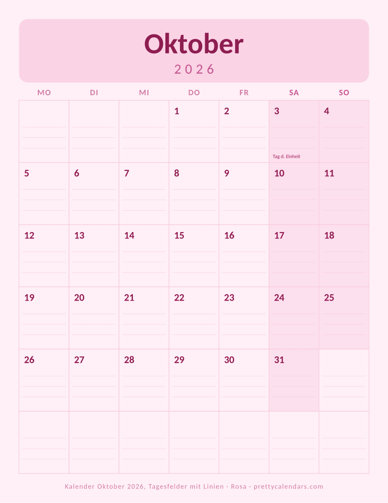 Druckbarer Monatskalender mit Schreiblinien, Design Rosa