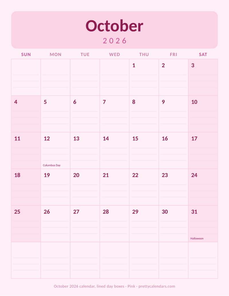 Printable monthly calendar with ruled writing lines inside every day box, Pink style