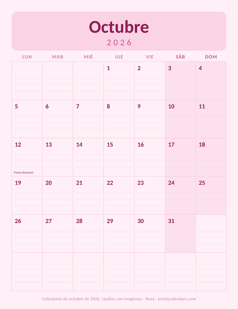 Calendario mensual para imprimir con renglones dentro de cada casilla, estilo Rosa