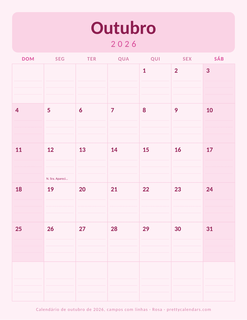 Calendário mensal para imprimir com linhas para escrever, estilo Rosa