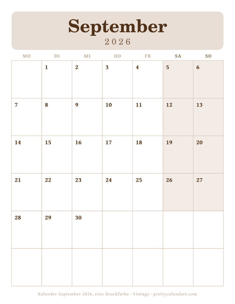 Druckbarer Monatskalender mit nur einer Druckfarbe, Design Vintage
