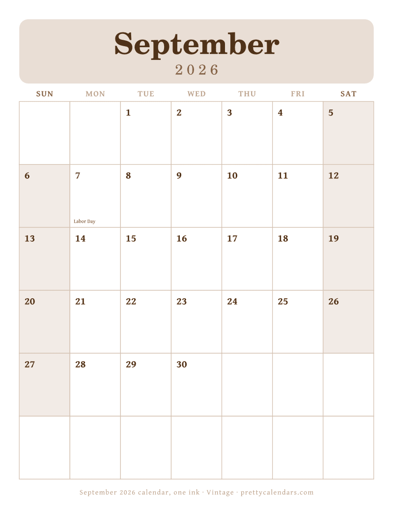 Printable monthly calendar printed in a single ink on white, Vintage style