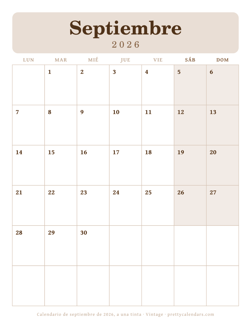 Calendario mensual para imprimir a una sola tinta sobre blanco, estilo Vintage