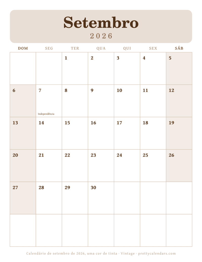 Calendário mensal para imprimir com uma única cor de tinta, estilo Vintage