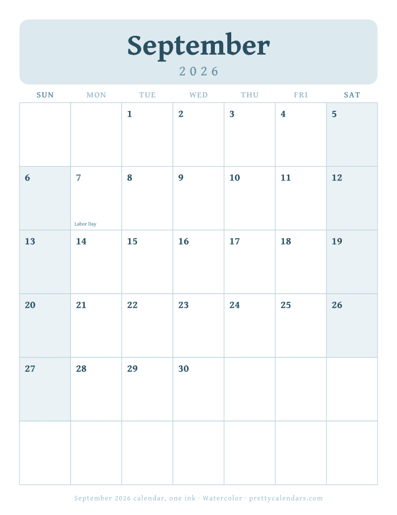 Printable monthly calendar printed in a single ink on white, Watercolor style