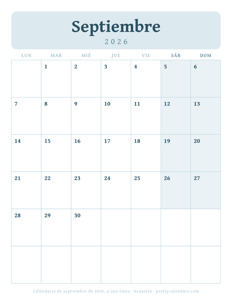 Calendario mensual para imprimir a una sola tinta sobre blanco, estilo Acuarela