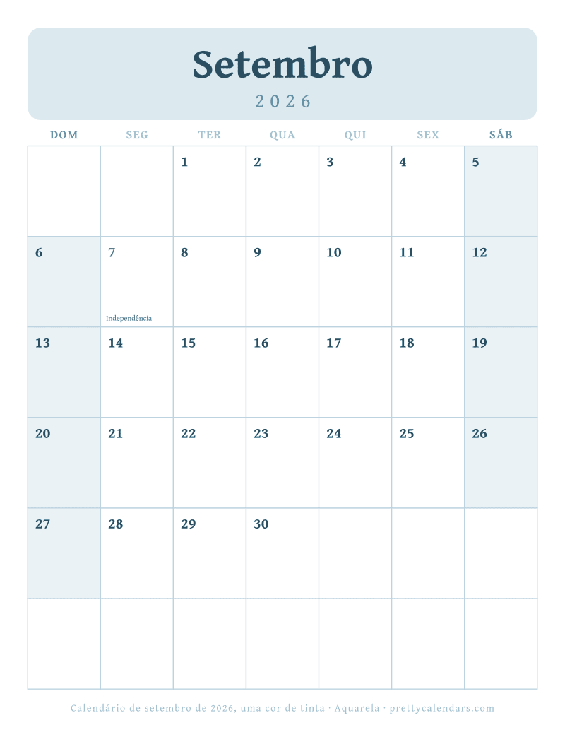 Calendário mensal para imprimir com uma única cor de tinta, estilo Aquarela