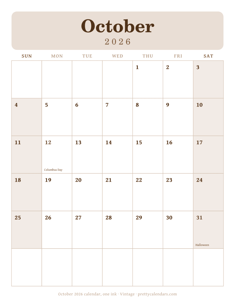 Printable monthly calendar printed in a single ink on white, Vintage style