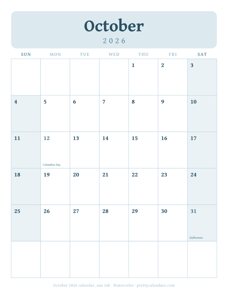 Printable monthly calendar printed in a single ink on white, Watercolor style