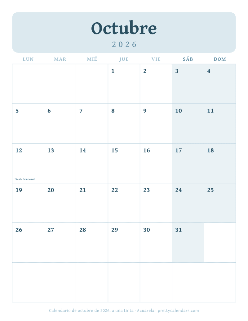 Calendario mensual para imprimir a una sola tinta sobre blanco, estilo Acuarela