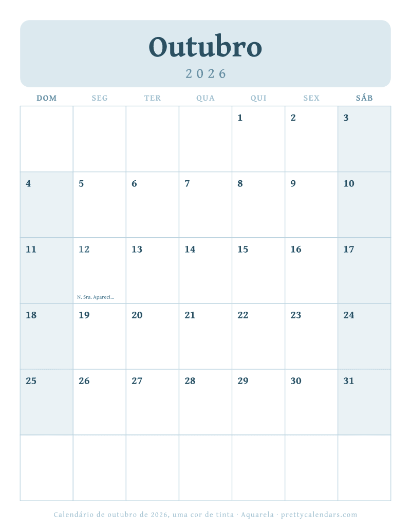 Calendário mensal para imprimir com uma única cor de tinta, estilo Aquarela