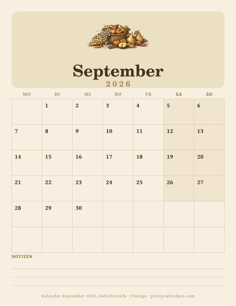 Druckbarer Monatskalender mit Notizbereich, Design Vintage