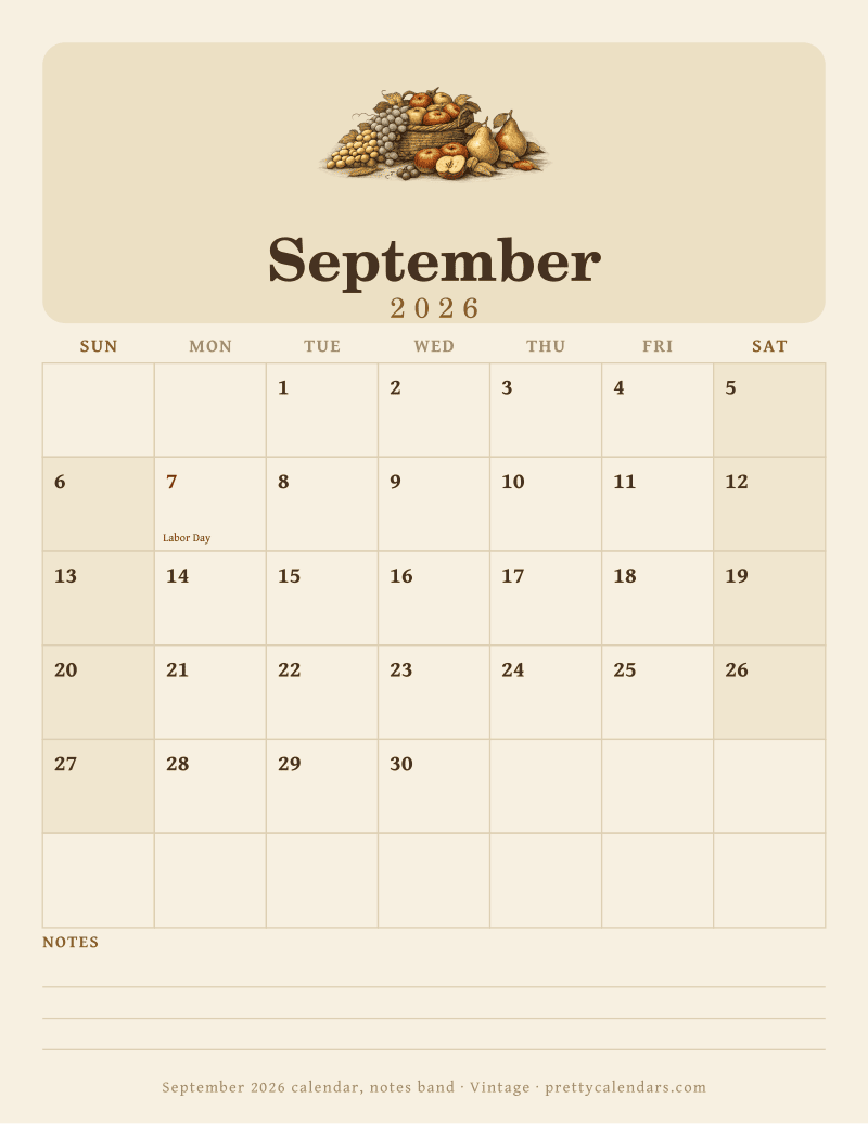 Printable monthly calendar with a ruled notes band across the foot of the page, Vintage design