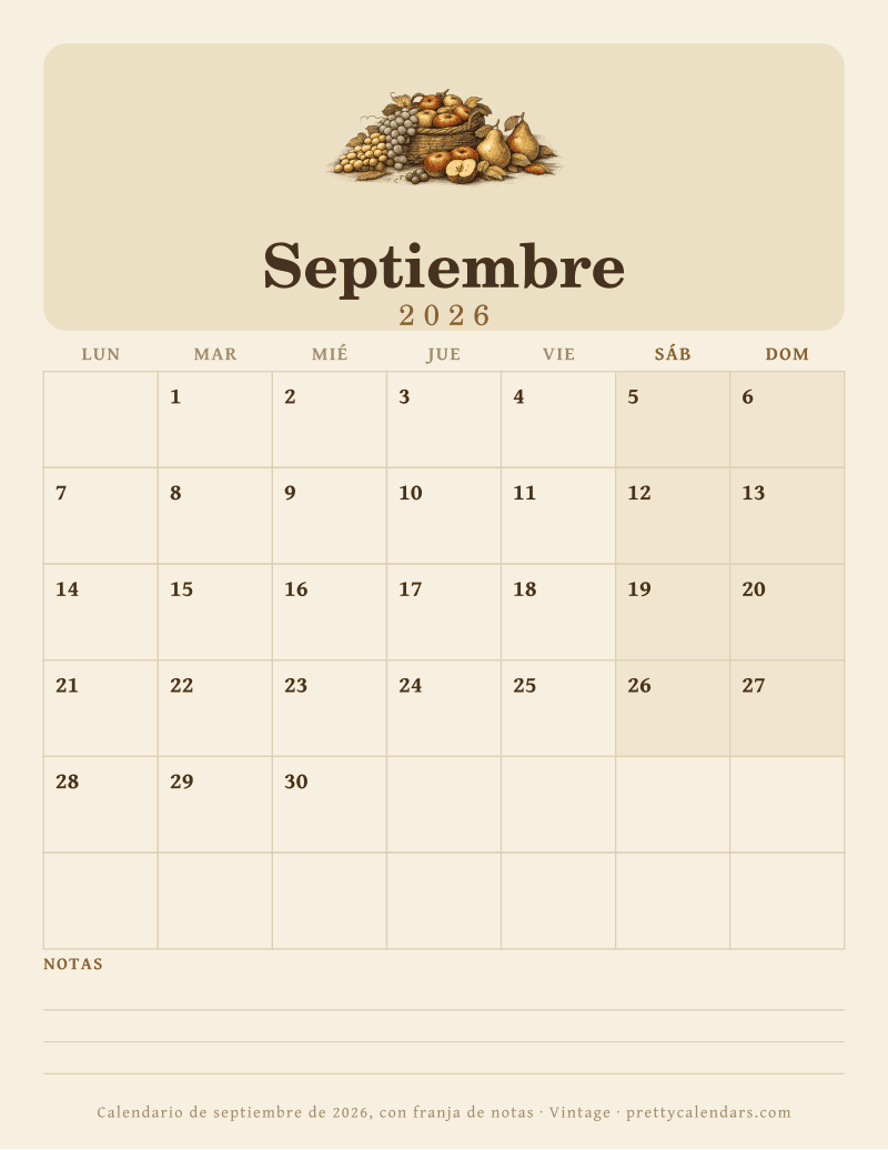 Calendario mensual para imprimir con una franja de notas con renglones al pie de la página, diseño Vintage