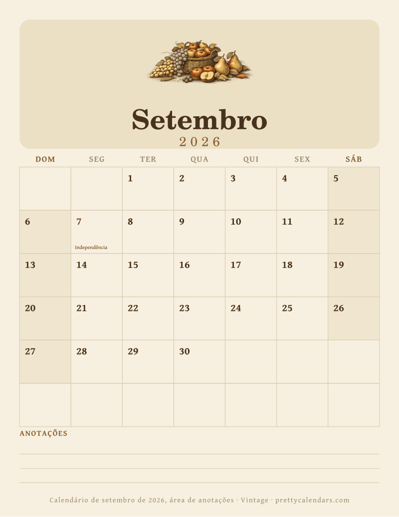 Calendário mensal para imprimir com área de anotações, estilo Vintage
