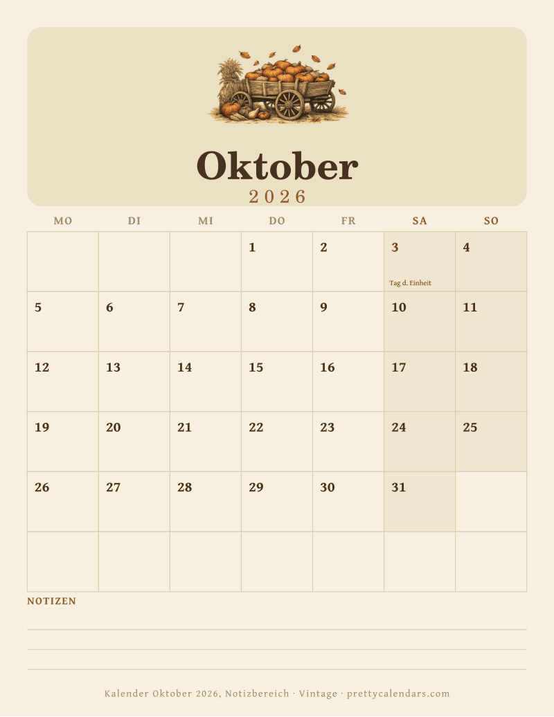 Druckbarer Monatskalender mit Notizbereich, Design Vintage