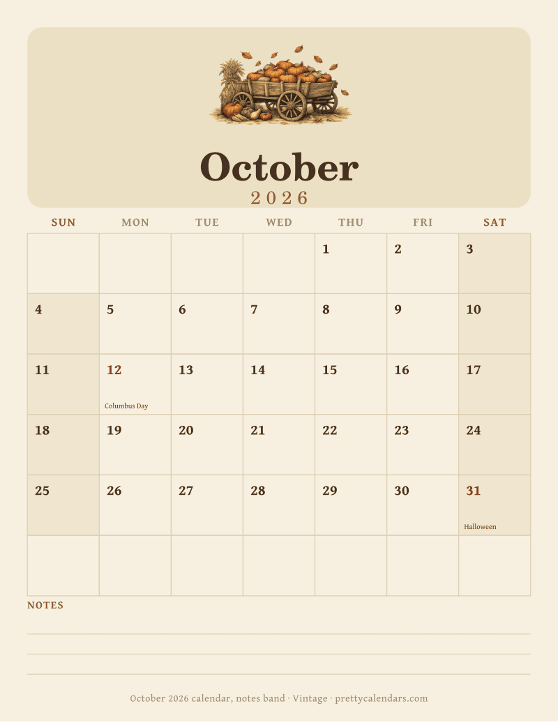Printable monthly calendar with a ruled notes band across the foot of the page, Vintage design
