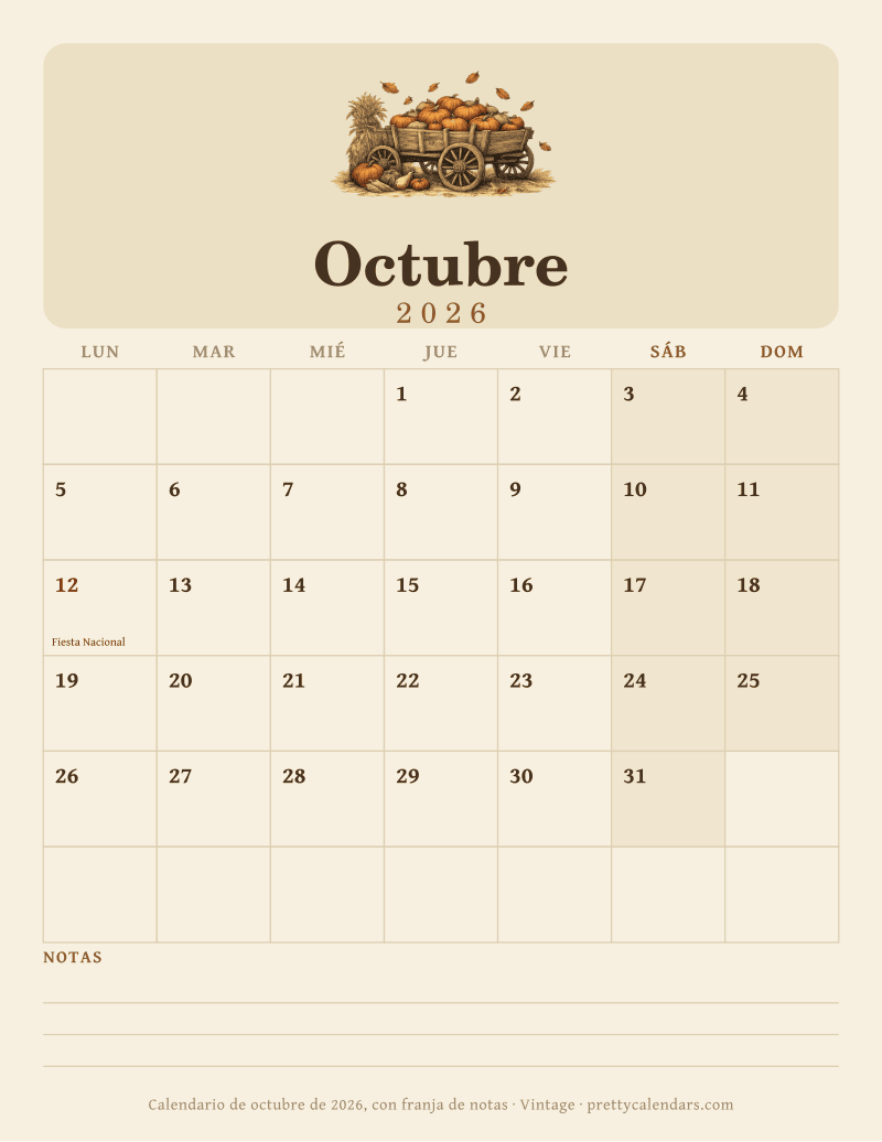 Calendario mensual para imprimir con una franja de notas con renglones al pie de la página, diseño Vintage