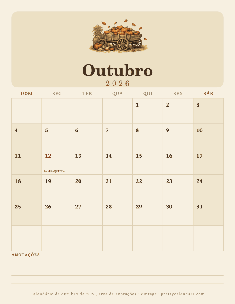 Calendário mensal para imprimir com área de anotações, estilo Vintage