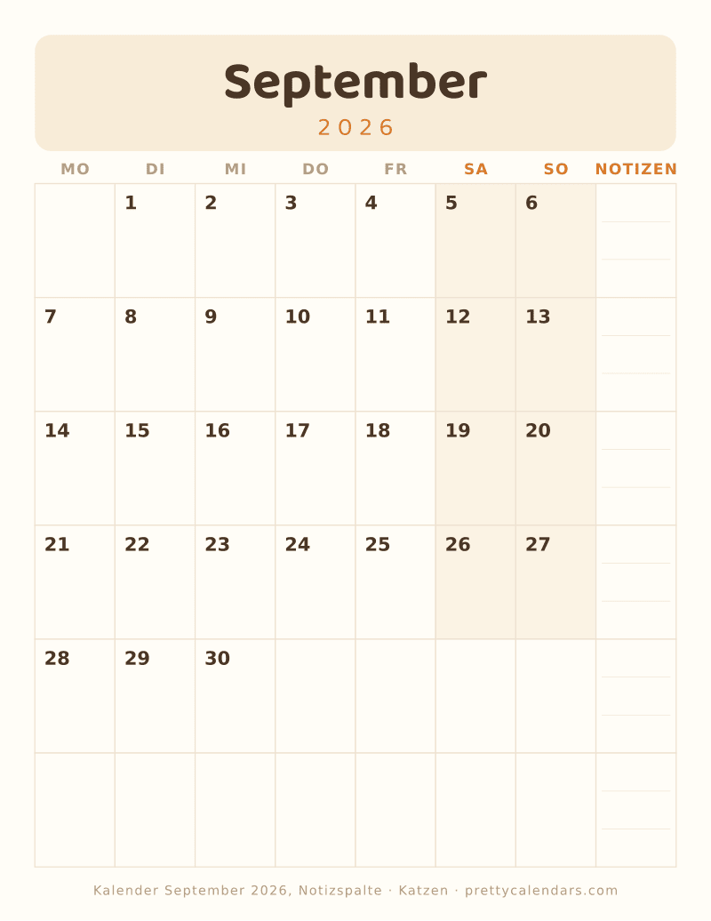 Druckbarer Monatskalender mit Notizspalte, Design Katzen