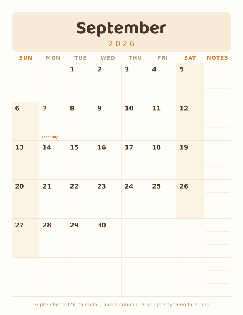 Printable monthly calendar with seven day columns and a weekly notes column, Cat style