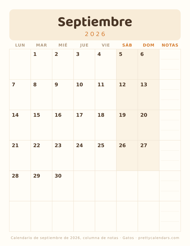 Calendario mensual para imprimir con siete columnas de días y una columna de notas semanal, estilo Gatos