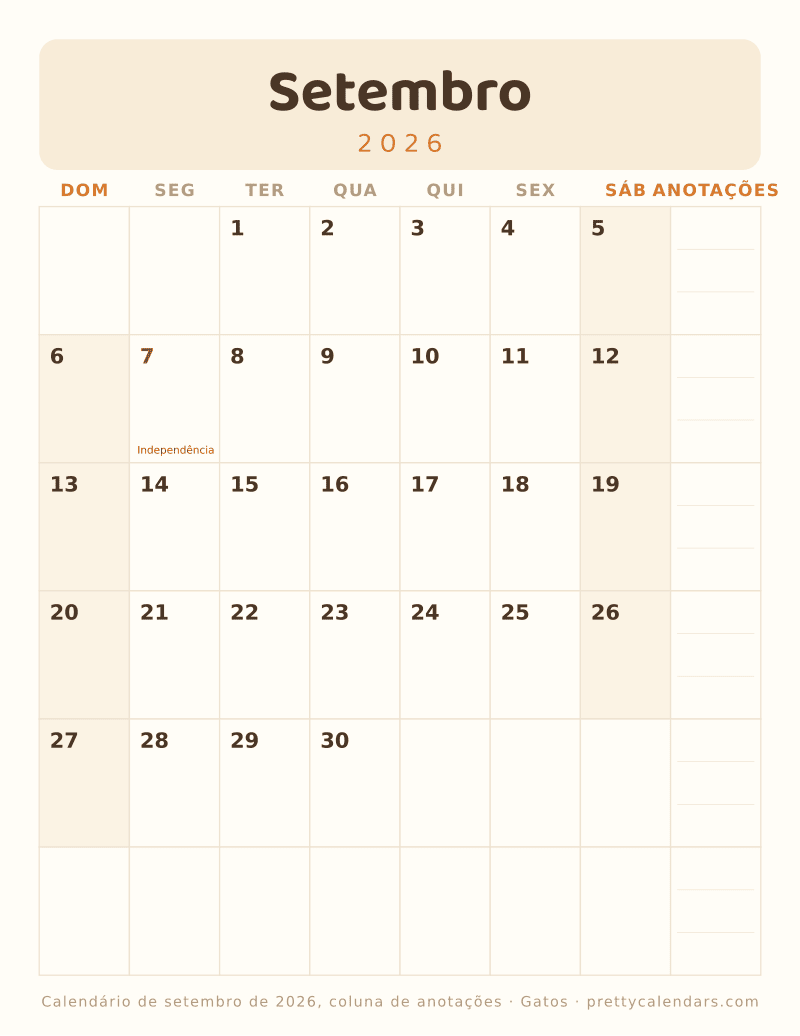 Calendário mensal para imprimir com coluna de anotações, estilo Gatos