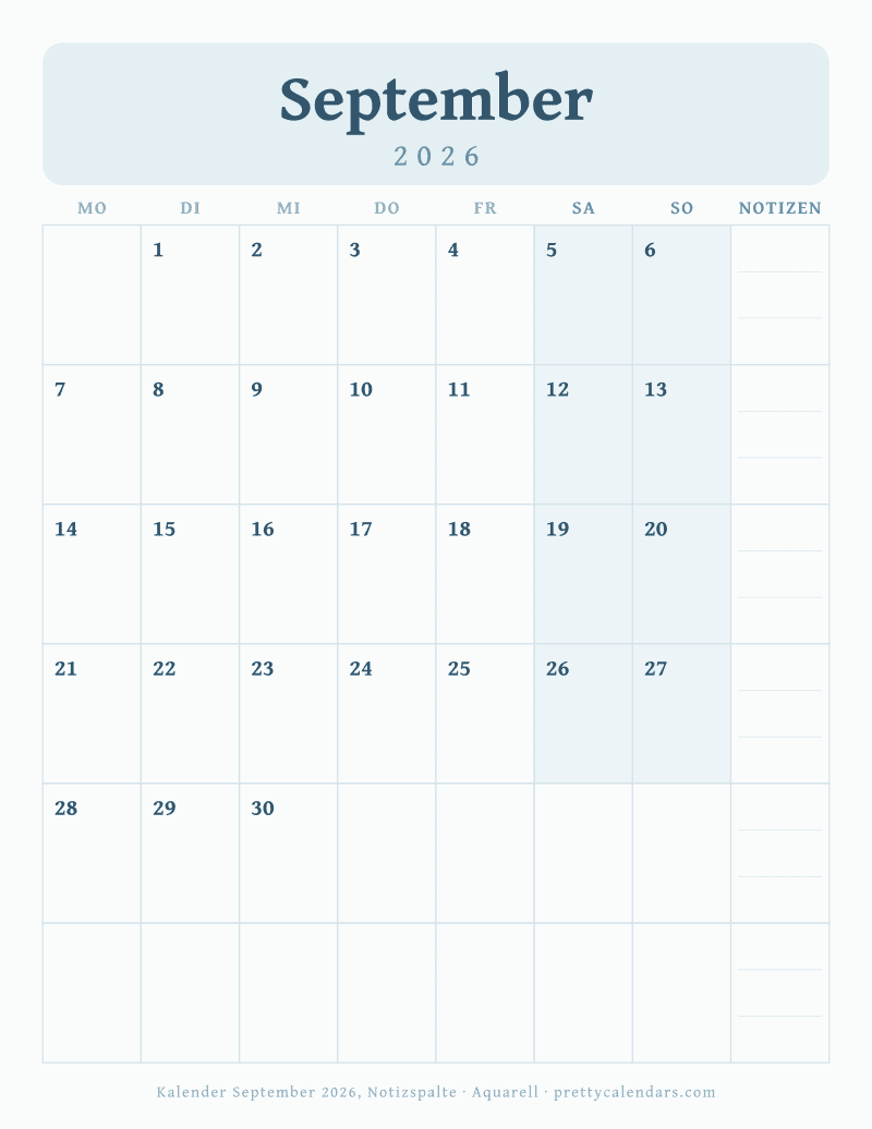 Druckbarer Monatskalender mit Notizspalte, Design Aquarell