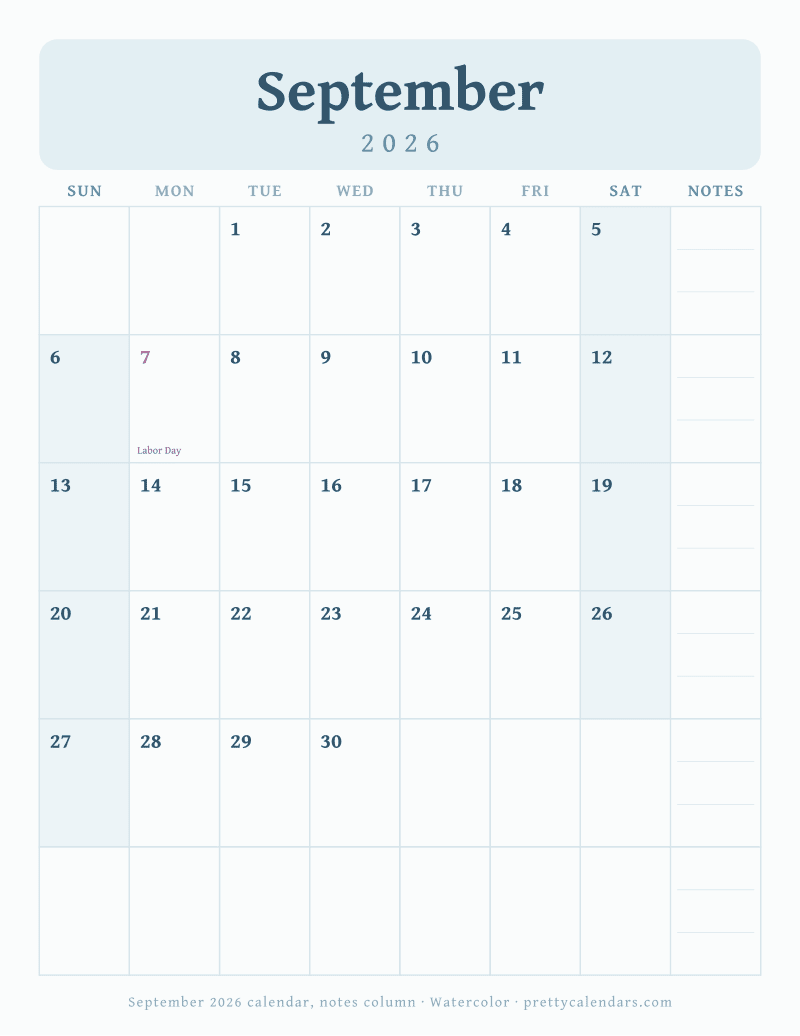 Printable monthly calendar with seven day columns and a weekly notes column, Watercolor style