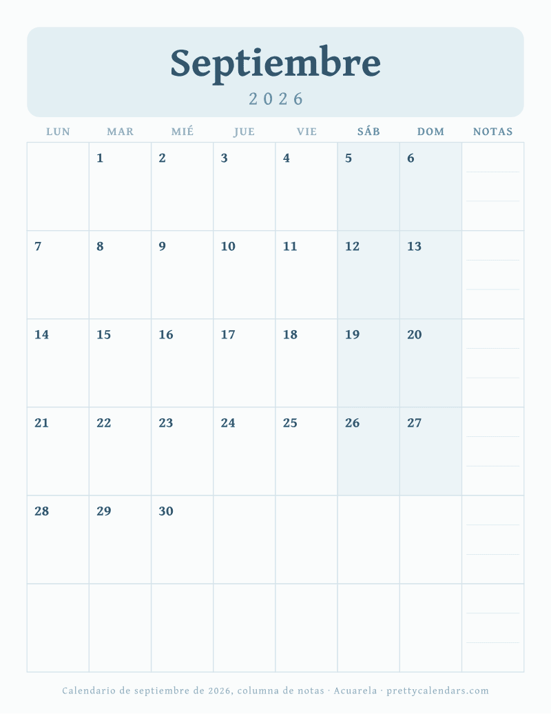Calendario mensual para imprimir con siete columnas de días y una columna de notas semanal, estilo Acuarela