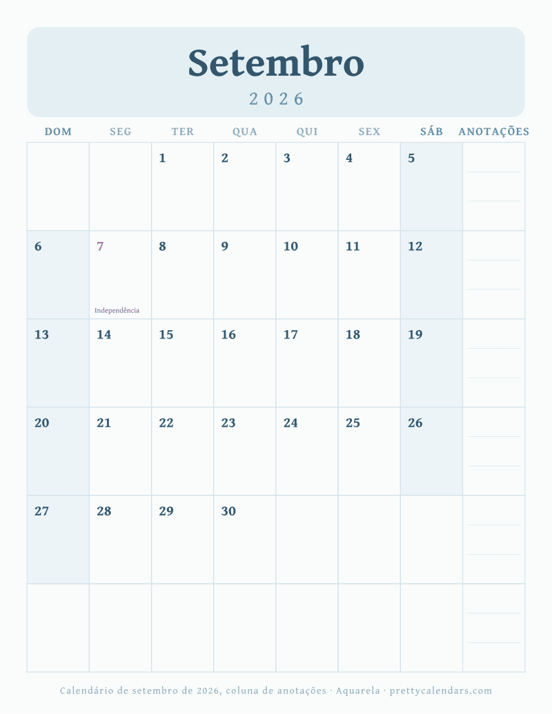 Calendário mensal para imprimir com coluna de anotações, estilo Aquarela