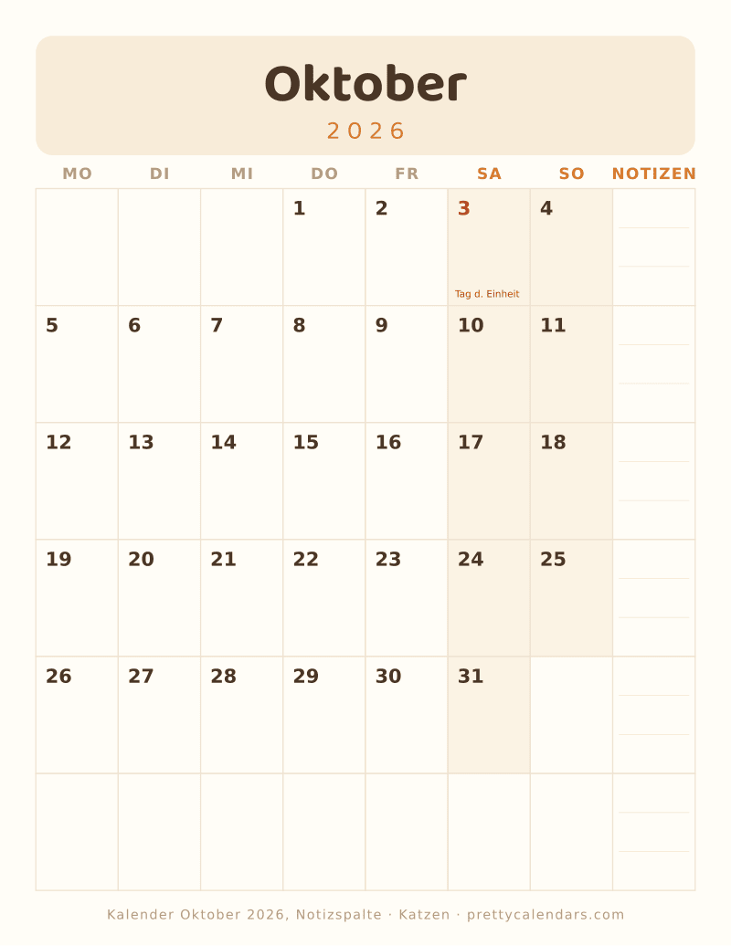 Druckbarer Monatskalender mit Notizspalte, Design Katzen