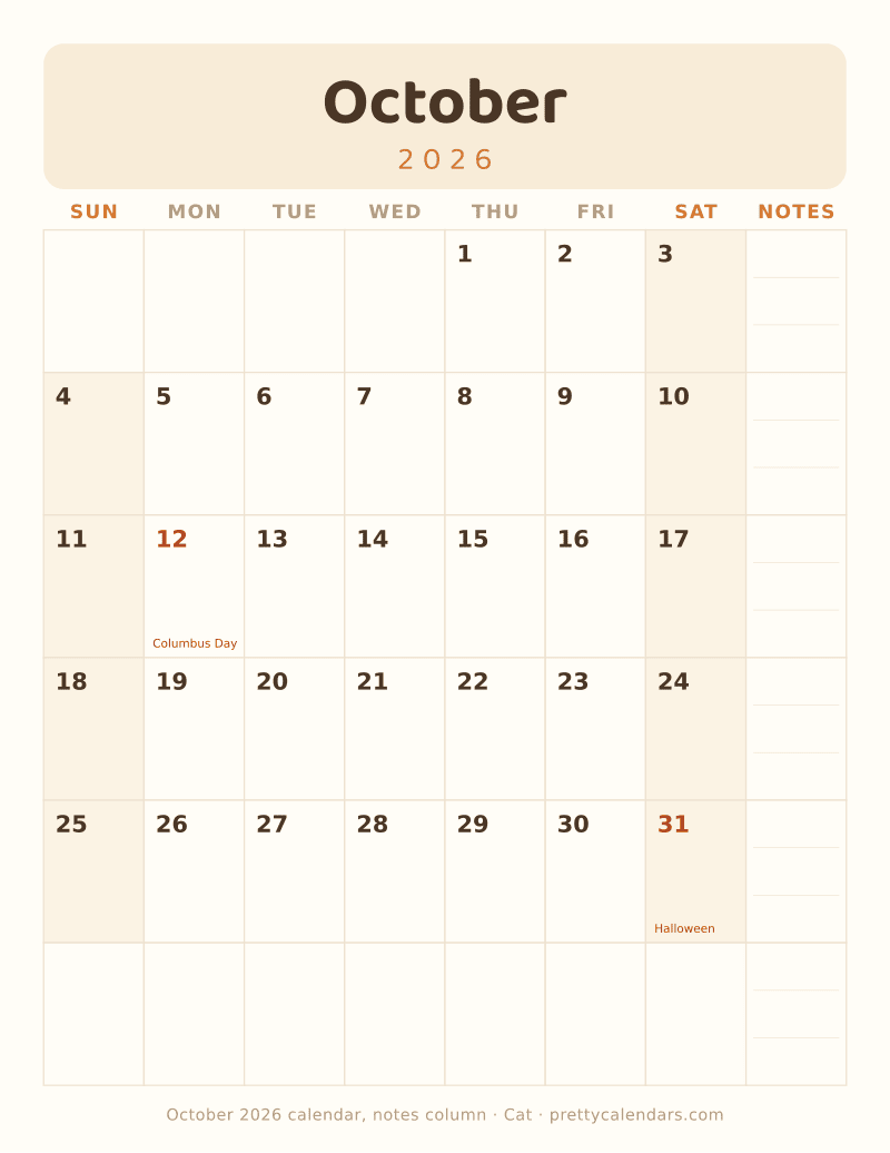 Printable monthly calendar with seven day columns and a weekly notes column, Cat style