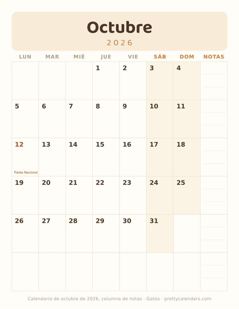Calendario mensual para imprimir con siete columnas de días y una columna de notas semanal, estilo Gatos