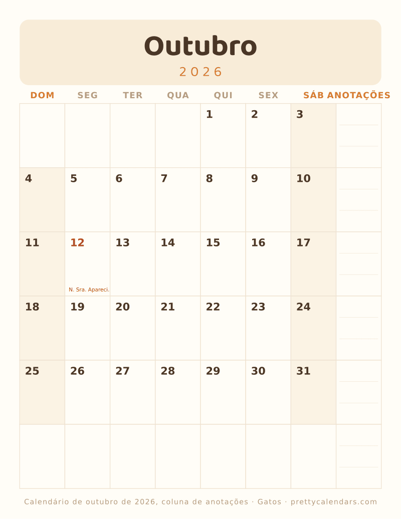 Calendário mensal para imprimir com coluna de anotações, estilo Gatos