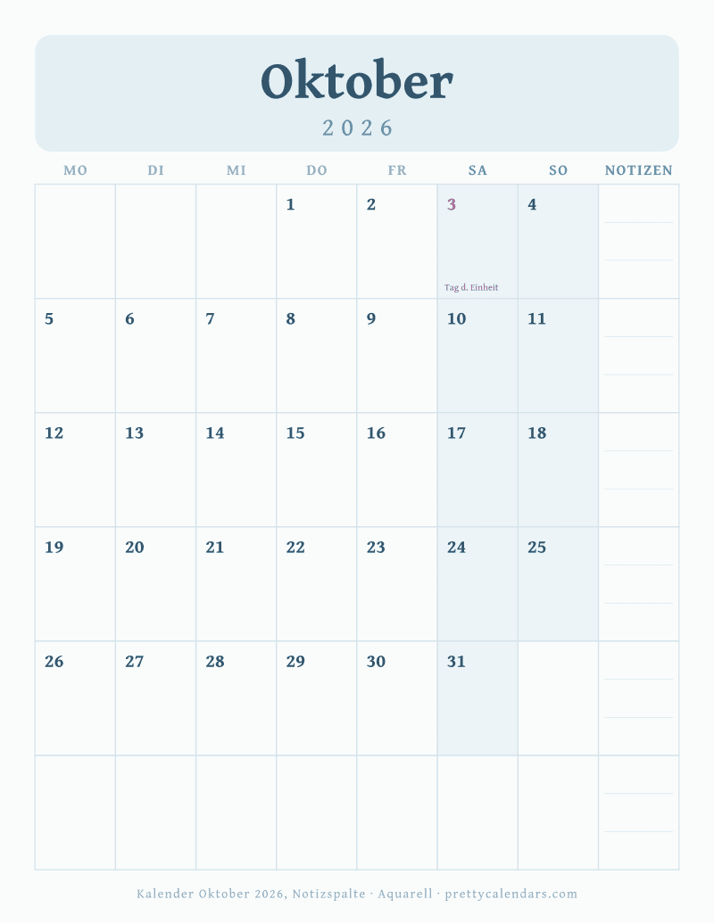 Druckbarer Monatskalender mit Notizspalte, Design Aquarell