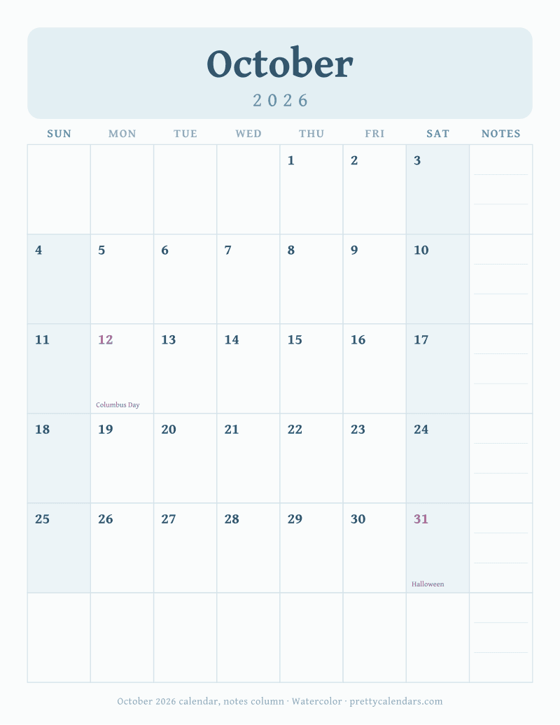 Printable monthly calendar with seven day columns and a weekly notes column, Watercolor style