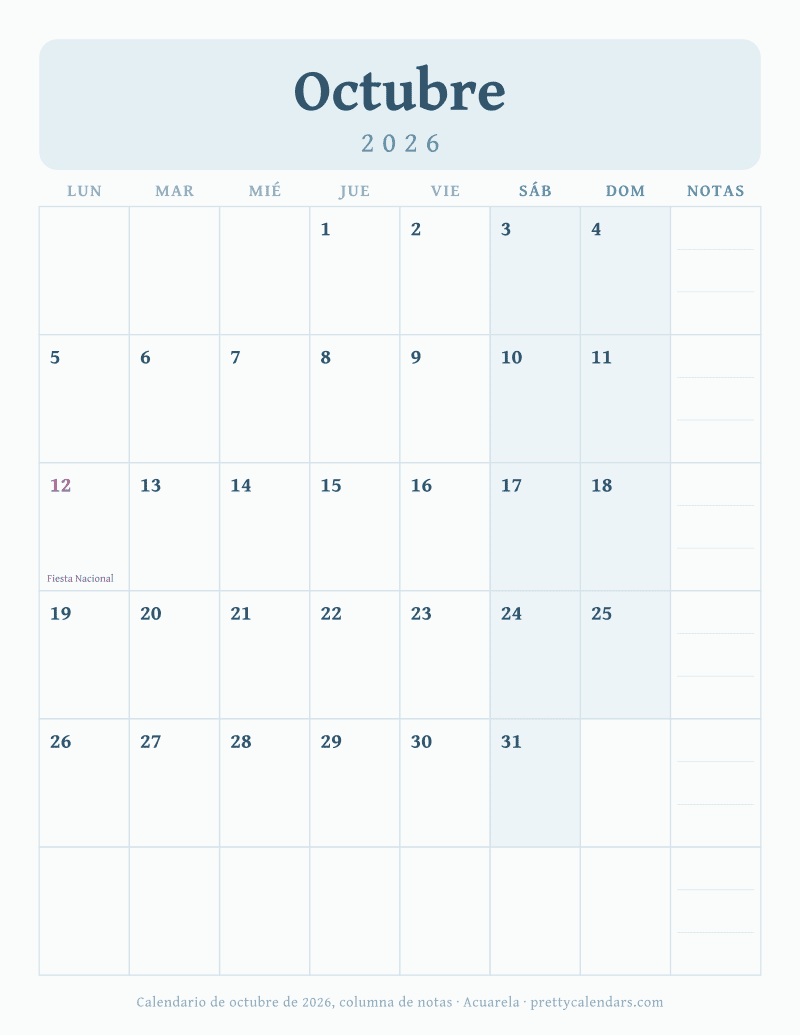 Calendario mensual para imprimir con siete columnas de días y una columna de notas semanal, estilo Acuarela