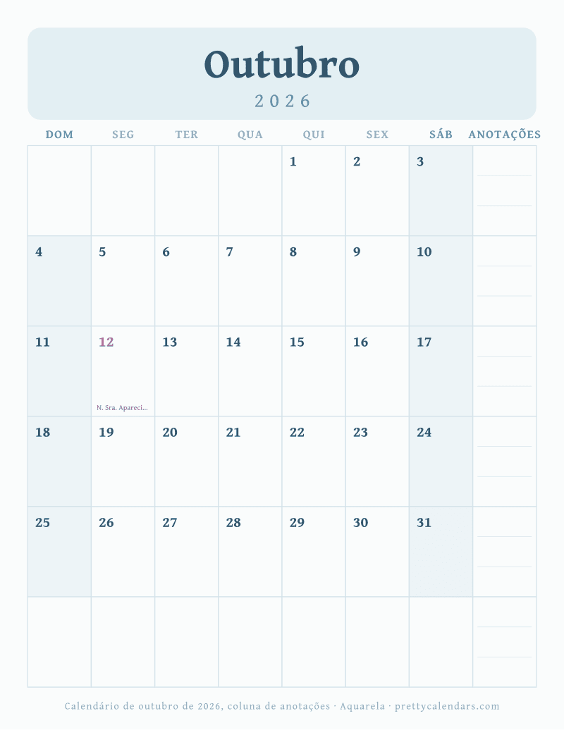 Calendário mensal para imprimir com coluna de anotações, estilo Aquarela
