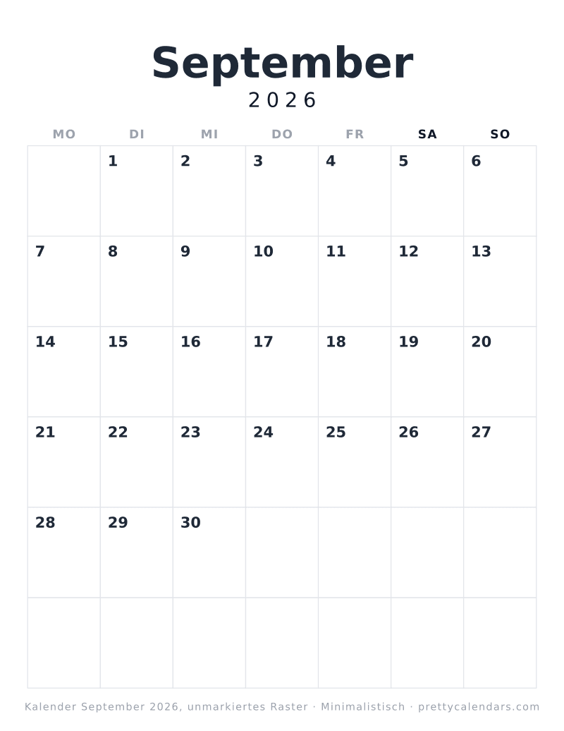 Druckbarer Monatskalender mit schlichtem Raster, Design Minimalistisch