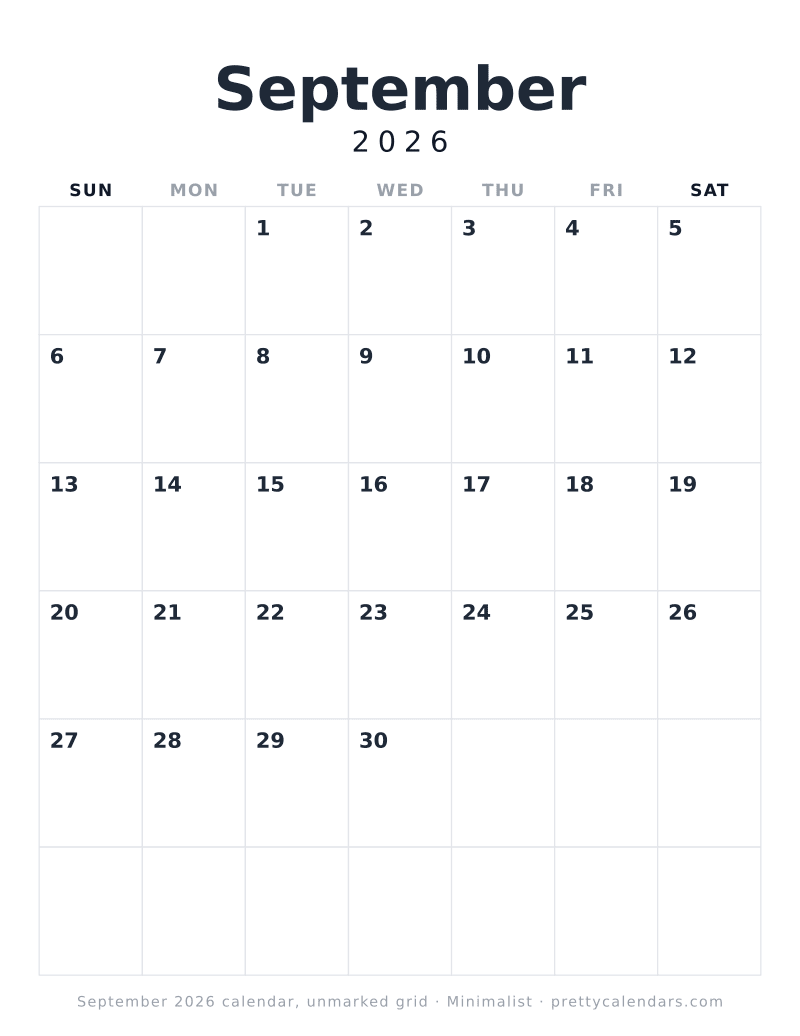 Printable monthly calendar with an unmarked grid, no holidays and no weekend shading, Minimalist style