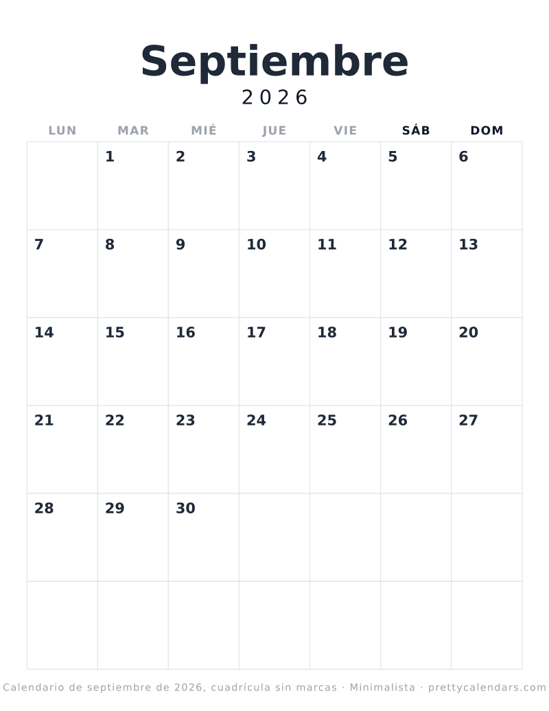 Calendario mensual para imprimir sin festivos marcados y sin sombreado de fin de semana, estilo Minimalista