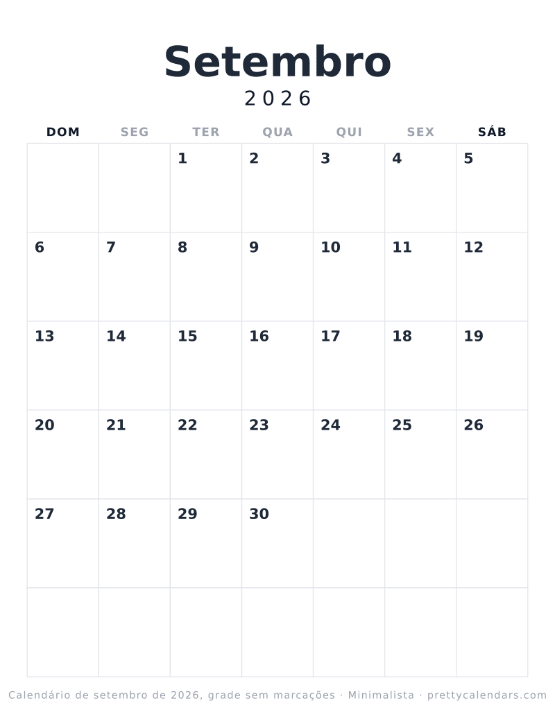 Calendário mensal para imprimir com grade simples, estilo Minimalista