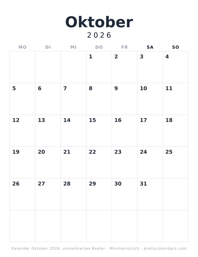 Druckbarer Monatskalender mit schlichtem Raster, Design Minimalistisch